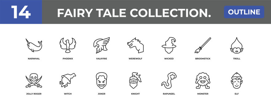 outline fairy tale collection. icons set - narwhal, phoenix, monster. editable vector for web and mobile ui