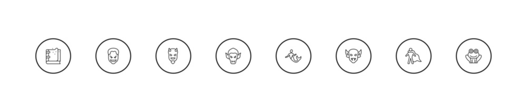 outline fairy tale icons set - evil, vampire, merman. editable vector for web and mobile ui