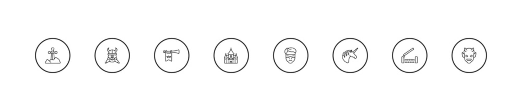 outline fairy tale icons set - fanfare, palace, protagonist. editable vector for web and mobile ui