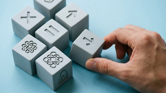 Businessman hand rearranges grey stone cubes featuring engraved geometric symbols and abstract icons to find a missing piece, representing complex problem solving and logical analysis in management.