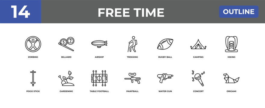 outline free time icons set - zorbing, billiard, concert. editable vector for web and mobile ui