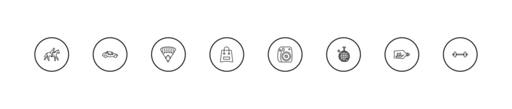 outline free time icons set - baseball field, bags, instant camera. editable vector for web and mobile ui