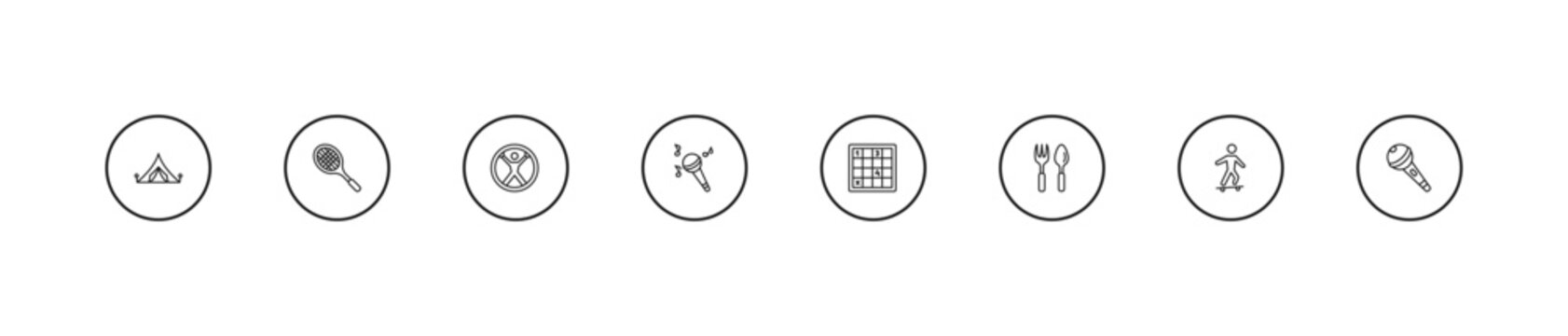 outline free time icons set - zorbing, concert, sudoku. editable vector for web and mobile ui
