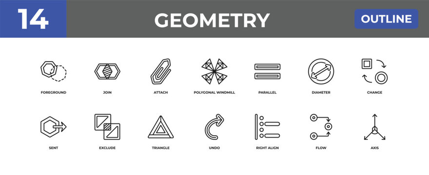 outline geometry icons set - foreground, join, flow. editable vector for web and mobile ui