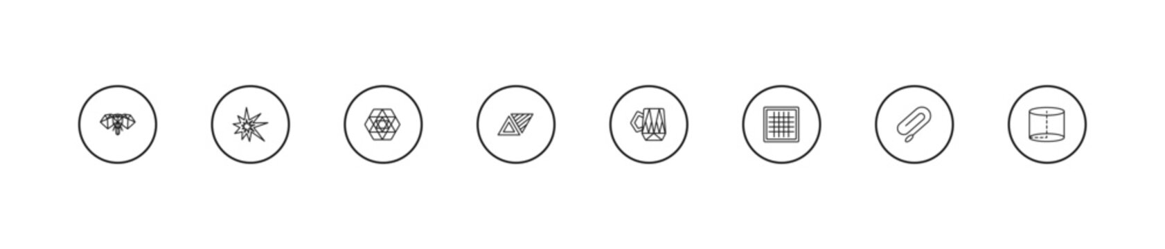 outline geometric figure icons set - triangle inside hexagon, triangles couple, polygonal coffee cup. editable vector for web and mobile ui