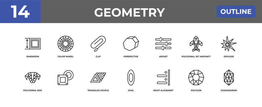 outline geometry icons set - dimension, color wheel, polygon. editable vector for web and mobile ui