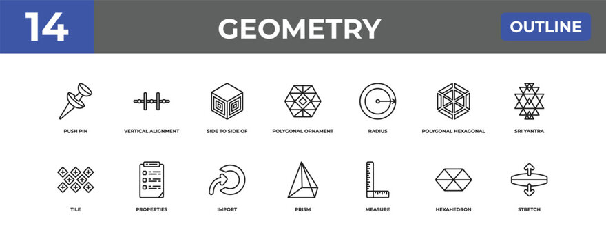 outline geometry icons set - push pin, vertical alignment, hexahedron. editable vector for web and mobile ui