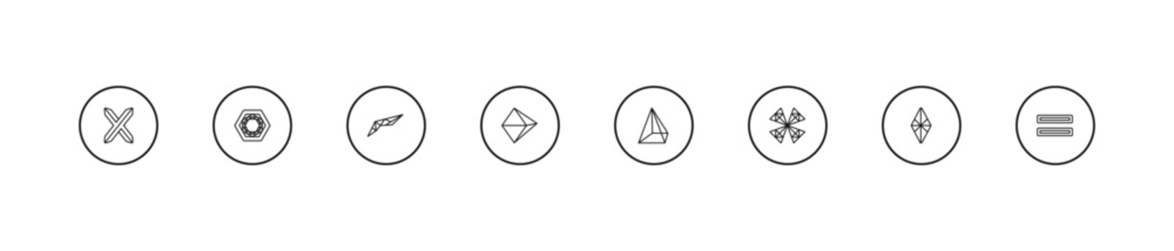 outline geometry icons set - polygonal wings, octahedron, prism. editable vector for web and mobile ui