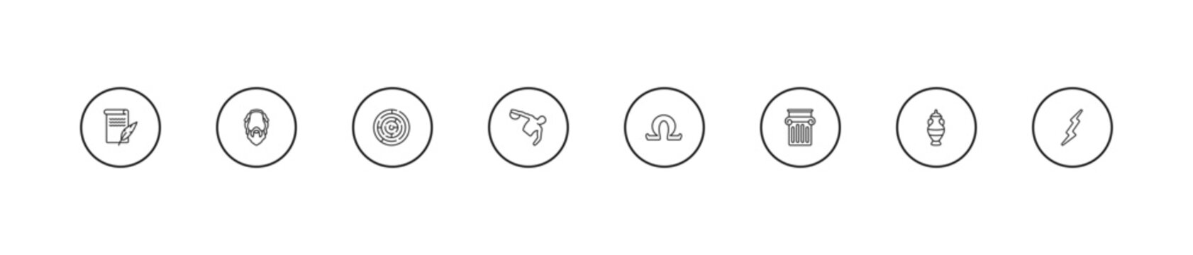 outline greece icons set - labyrinth, sports games, omega. editable vector for web and mobile ui