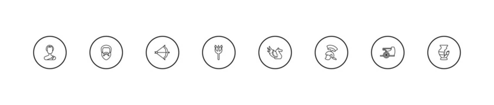 outline greece icons set - artemis, poseidon, pegasus. editable vector for web and mobile ui
