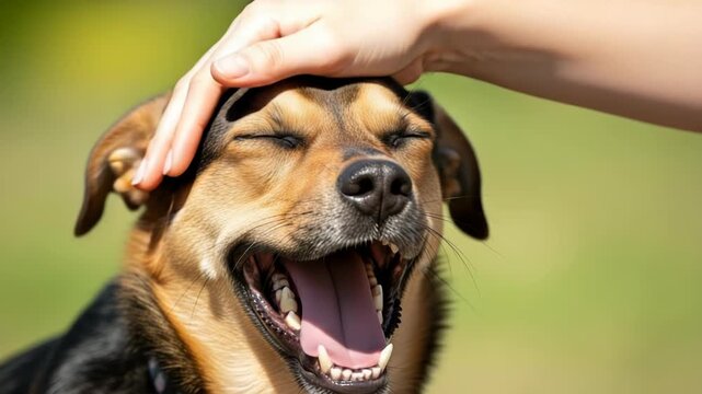 Happy dog yawning while being petted by owner outdoors closeup of a smiling mixed breed dog enjoying head scratches in a park joyful pet with eyes closed and mouth open