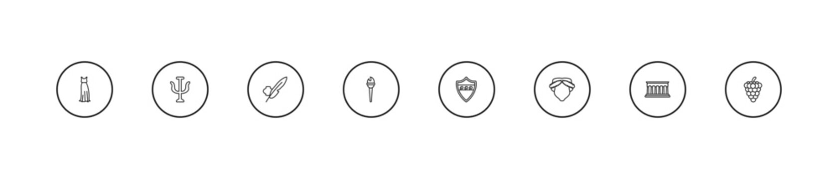 outline greece icons set - ink and quill, sports torch, aspis. editable vector for web and mobile ui