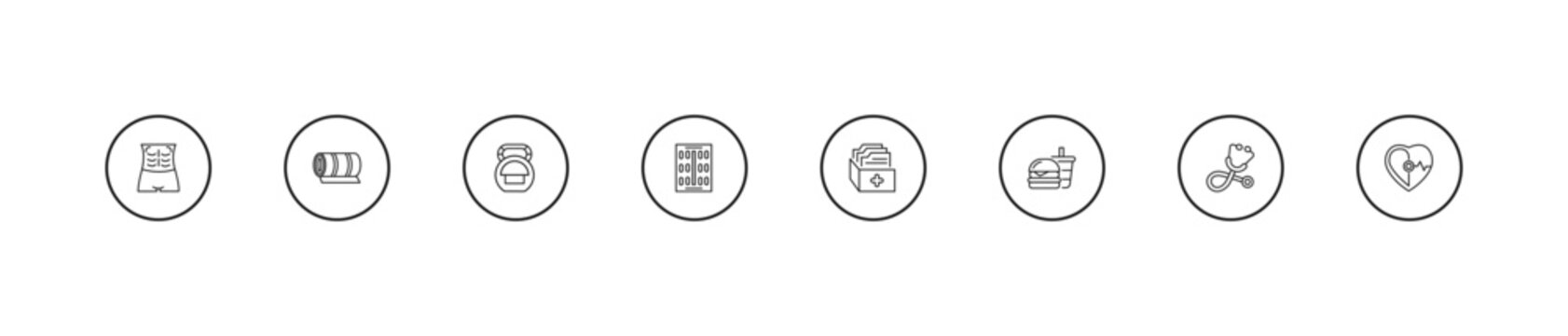 outline health and medical icons set - kettlebell, contraceptive pills, medical file. editable vector for web and mobile ui