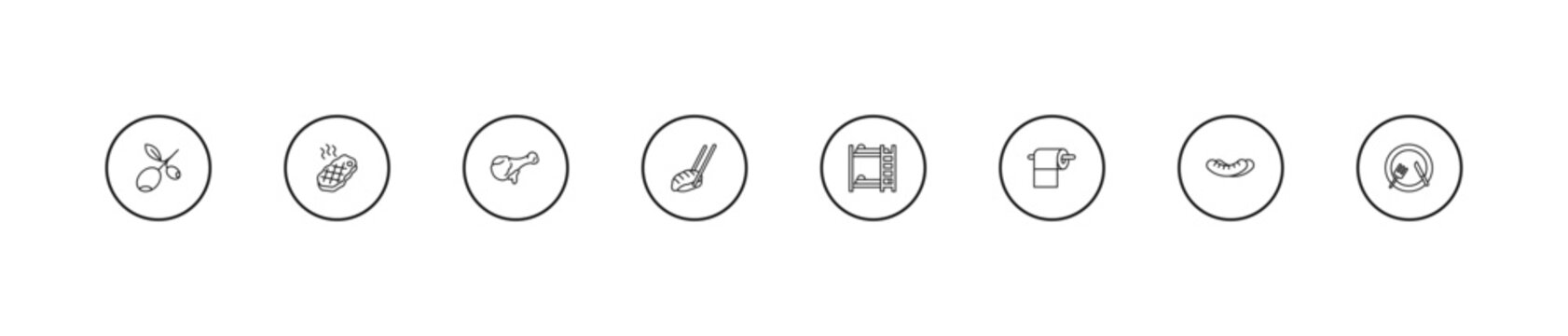 outline hotel icons set - fried chicken, sushi, bunk bed. editable vector for web and mobile ui