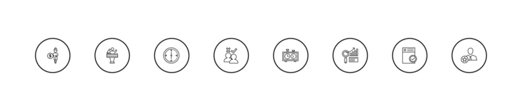 outline human resources icons set - time, selection process, chess clock. editable vector for web and mobile ui