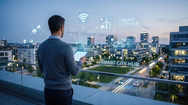 Smart city hub concept with man using tablet, holographic icons of wifi, solar energy, electric car, urban planning, sustainable technology, IoT network connection, future