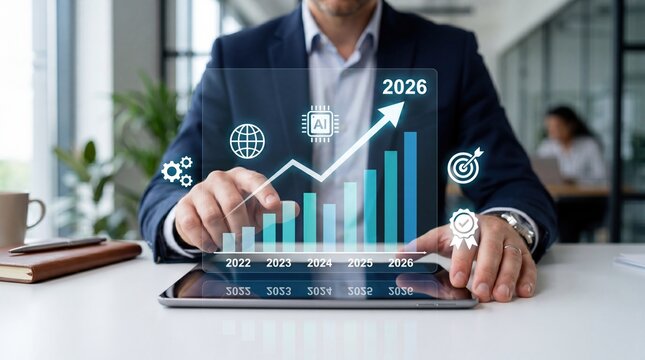 Artificial intelligence AI technology growth graph showing upward trend to 2026, businessman touching virtual screen, bar chart, global network, target goal, certification badge,