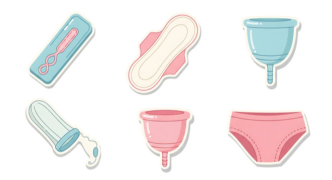 Set of feminine hygiene products including pads, tampons, and menstrual cups, flat design icons with dotted outlines on a white background
