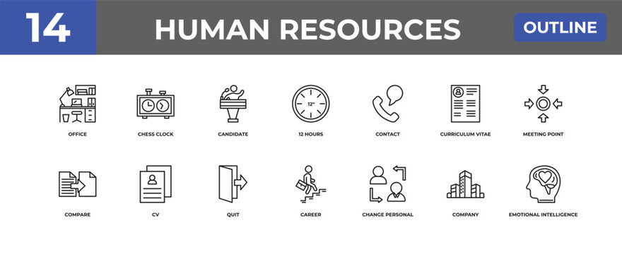 outline human resources icons set - office, chess clock, company. editable vector for web and mobile ui
