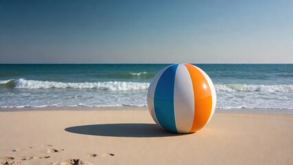 Obraz premium Orange blue striped beach ball sitting on wet sand near surf