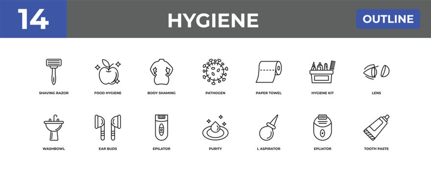 outline hygiene icons set - shaving razor, food hygiene, epliator. editable vector for web and mobile ui