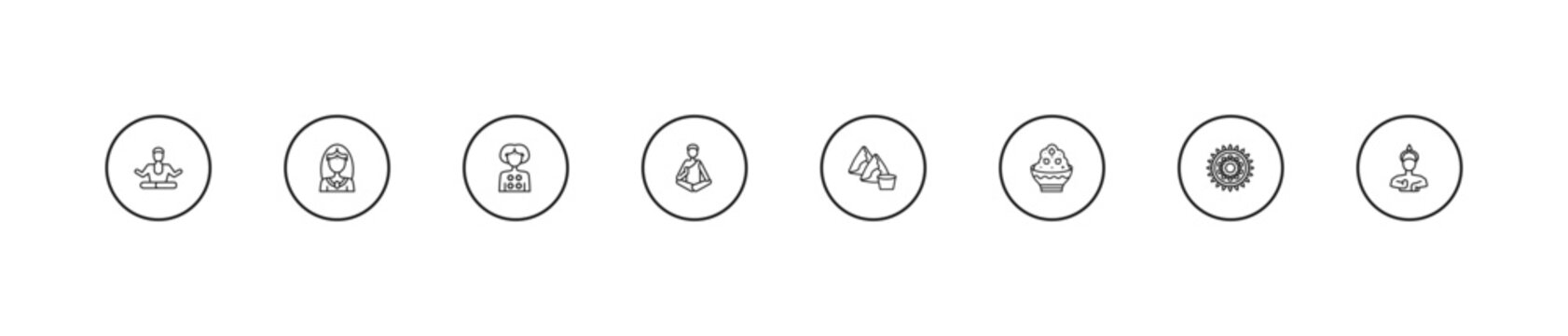 outline india icons set - kali, guru, samosa. editable vector for web and mobile ui