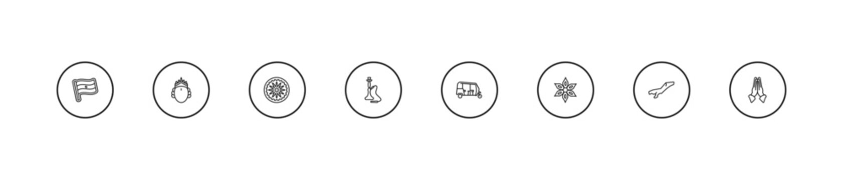 outline india icons set - ashoka, hookah, tuk tuk. editable vector for web and mobile ui