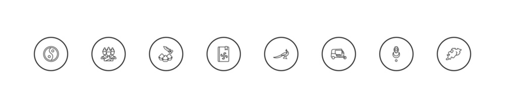 outline india icons set - holi, vedas, peacock. editable vector for web and mobile ui