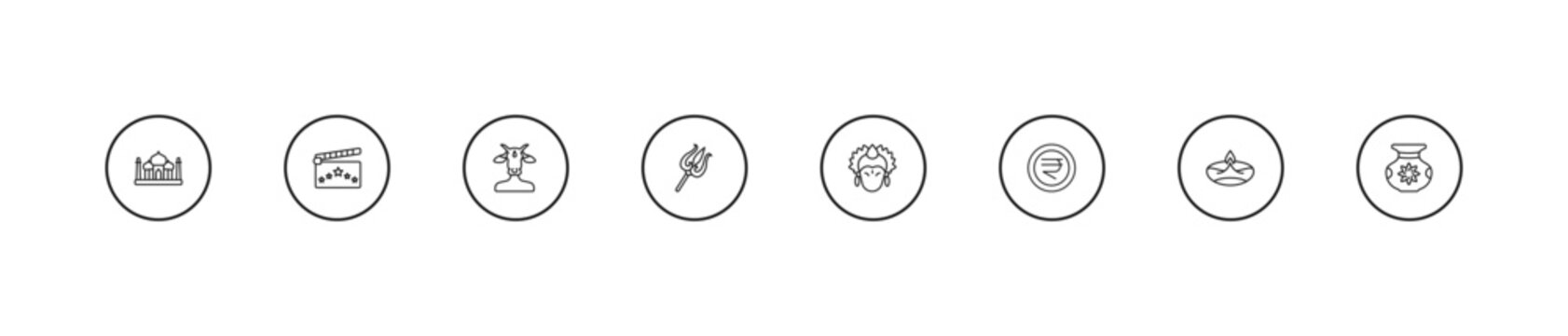 outline india icons set - varaja, trident, krishna. editable vector for web and mobile ui