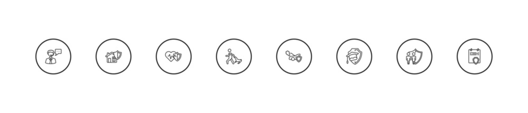 outline insurance icons set - heart insurance, bite, engine problems. editable vector for web and mobile ui