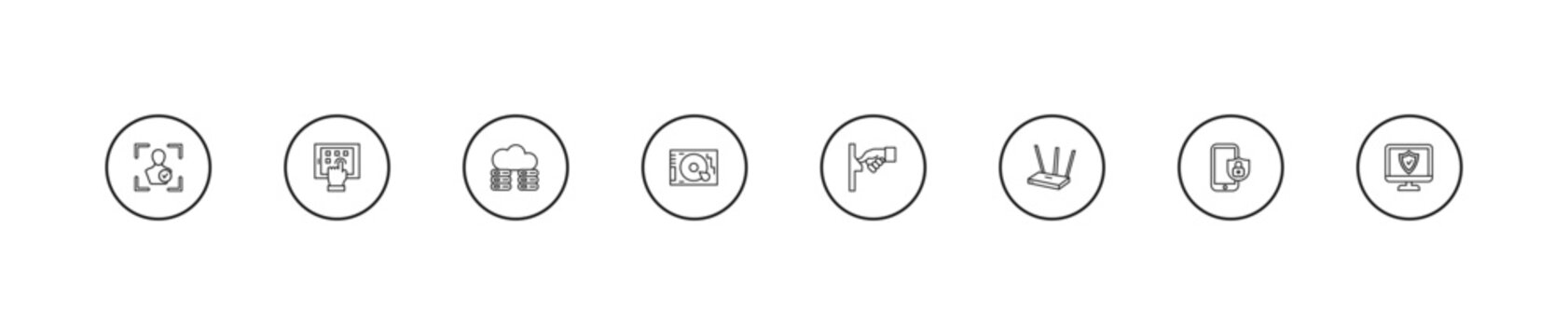 outline internet security icons set - cloud server, hard disc, fingerprint scan. editable vector for web and mobile ui