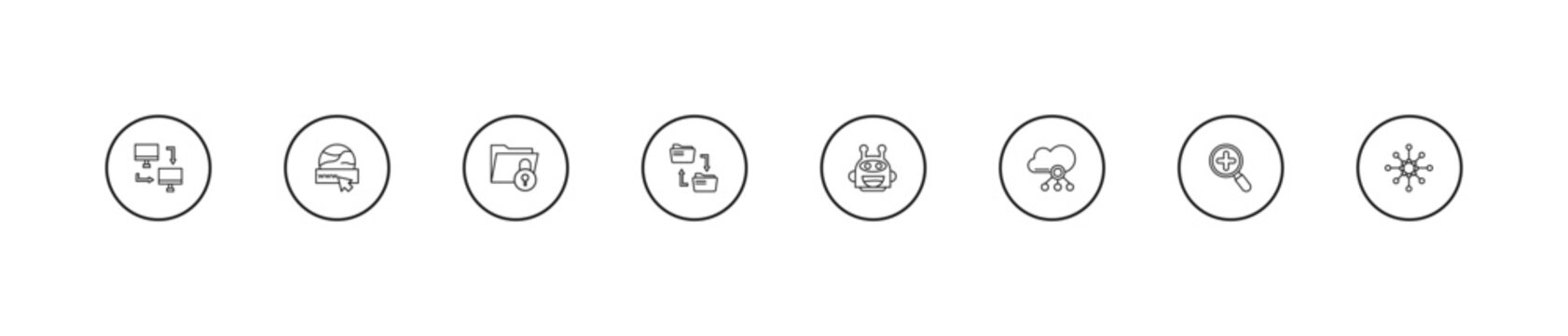outline internet security icons set - file security, file sharing, bot. editable vector for web and mobile ui