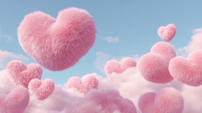 Romantic love theme for Valentines Day. A vibrant and whimsical scene of fluffy, pink fluffy hearts floating in the sky against a backdrop of fluffy white clouds and a bright blue sky.