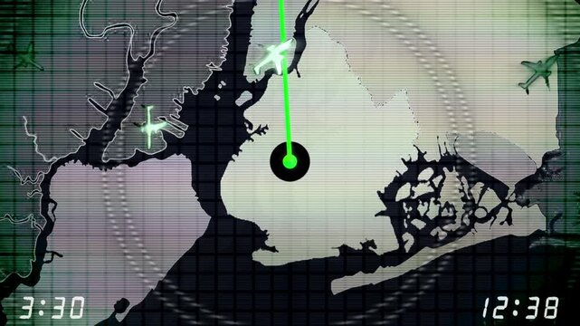 Aircraft, planes as seen on a simulated air traffic control monitor. Multiple aircraft symbols passing across screen with circular radar over a rough map of  the boroughs of New York City, New York. 