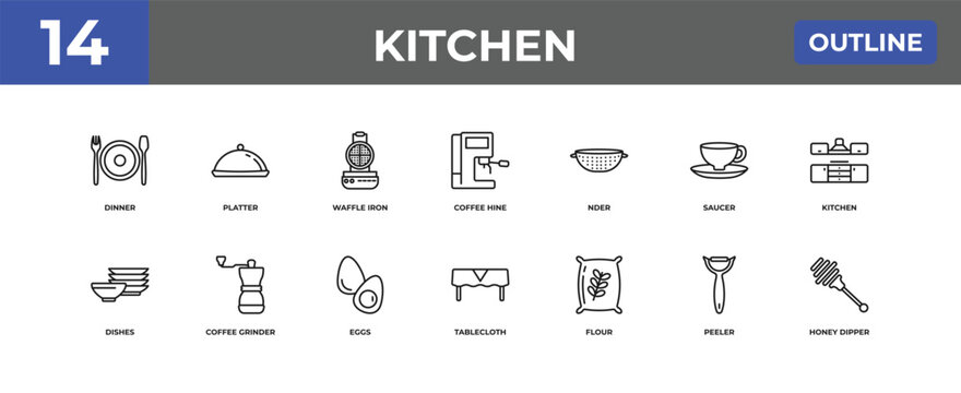 outline kitchen icons set - dinner, platter, peeler. editable vector for web and mobile ui