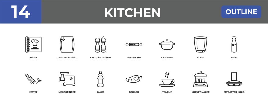 outline kitchen icons set - recipe, cutting board, yogurt maker. editable vector for web and mobile ui