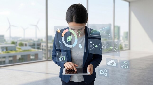 Professional woman holding tablet displaying holographic charts of renewable energy metrics including wind turbines, sun icons, water drops, and growth graphs indicating strategic