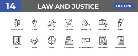 outline law and justice icons set - international law, corpse, practise areas. editable vector for web and mobile ui