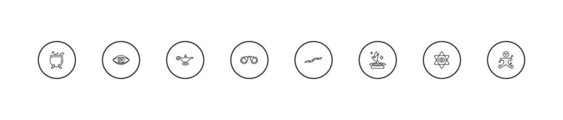 outline magic icons set - magic lamp, handcuffs, handkerchief. editable vector for web and mobile ui © IconArt