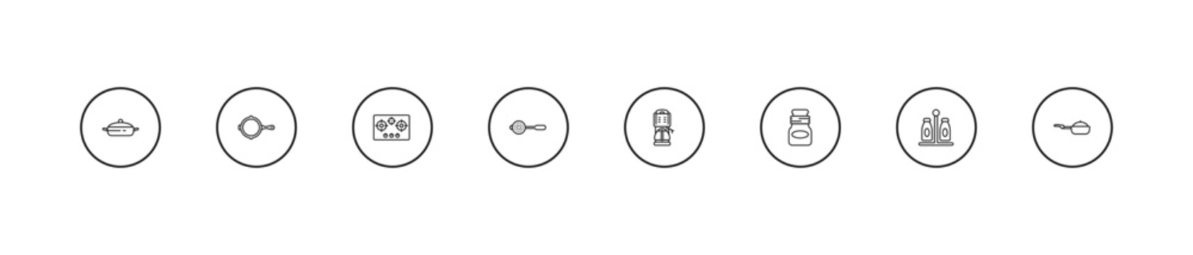 outline kitchen icons set - stove, sugar sifter, coffee maker. editable vector for web and mobile ui