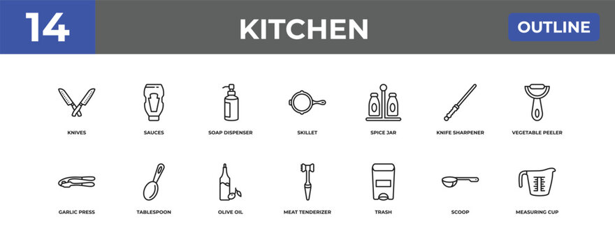 outline kitchen icons set - knives, sauces, scoop. editable vector for web and mobile ui