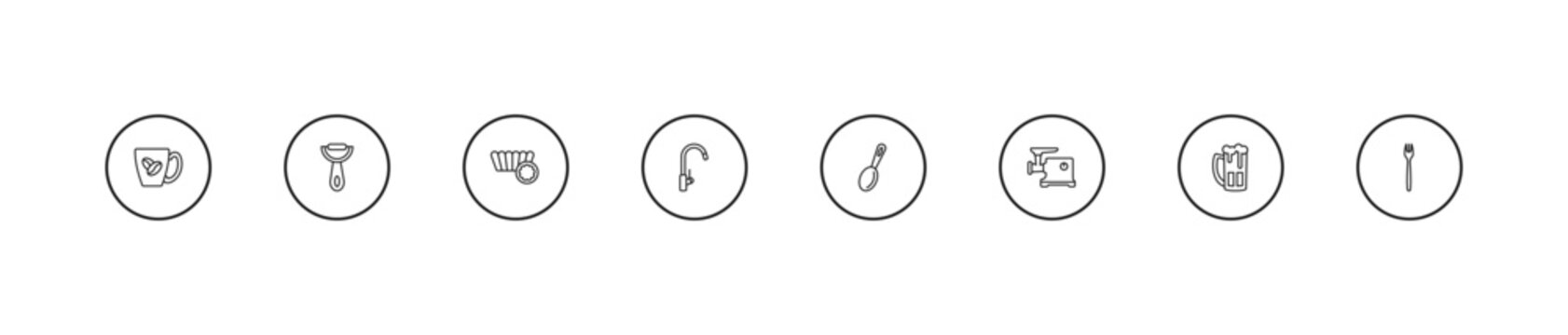 outline kitchen icons set - mould, kitchen tap, tablespoon. editable vector for web and mobile ui