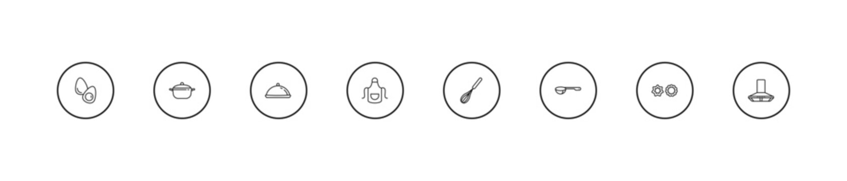 outline kitchen icons set - platter, apron, beater. editable vector for web and mobile ui