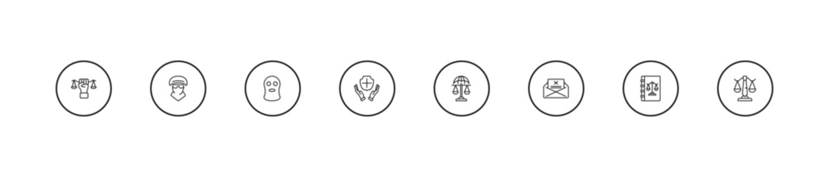 outline law and justice icons set - balaclava, qualified protection, international law. editable vector for web and mobile ui