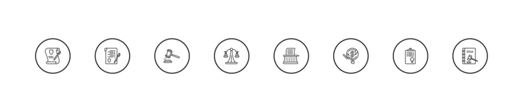 outline law and justice icons set - veredict, law balance, stenographer. editable vector for web and mobile ui