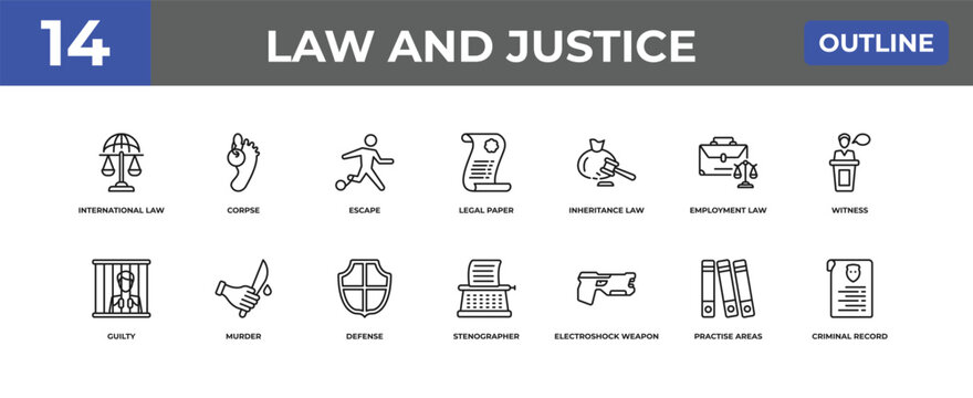 outline law and justice icons set - international law, corpse, practise areas. editable vector for web and mobile ui