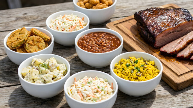Variety of barbecue sides and meat on wooden table in rustic outdoor setting for restaurant menu