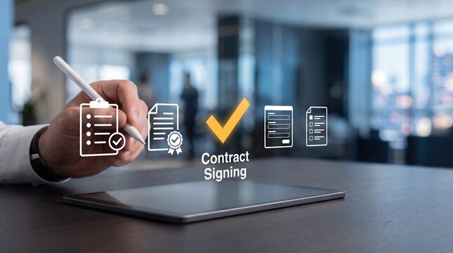 Hand holding stylus pen over tablet with digital contract signing icons representing legal agreement and document approval process.