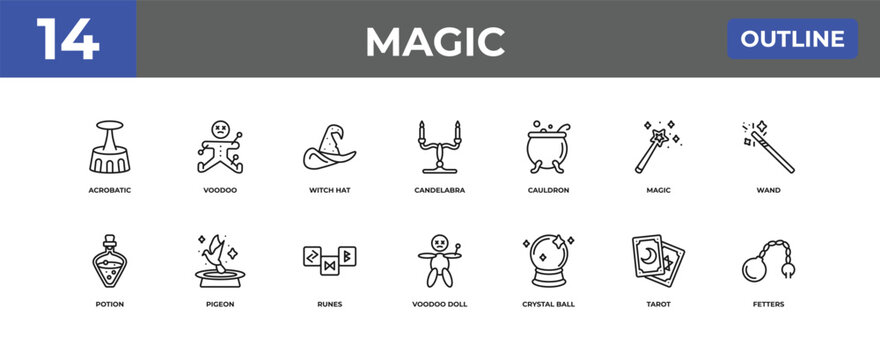 outline magic icons set - acrobatic, voodoo, tarot. editable vector for web and mobile ui