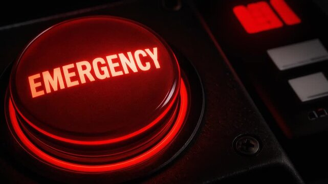 Red emergency button illuminated on dark background warning urgent alert and safety alarm